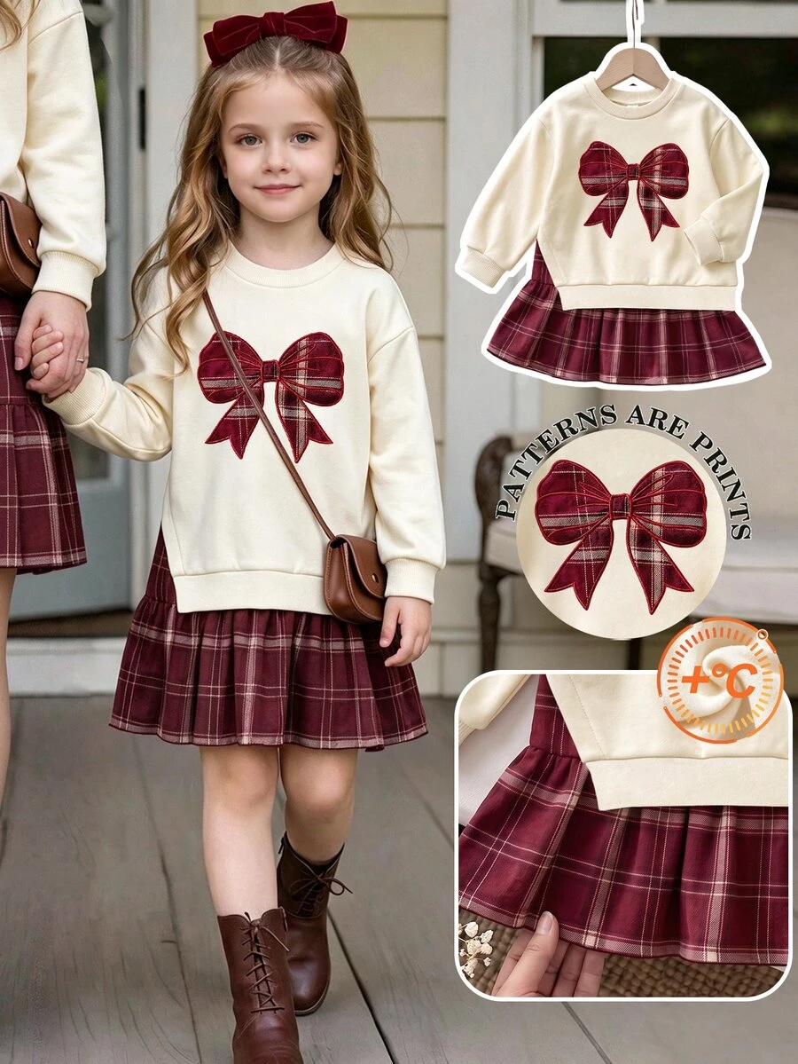 Gaun Anak Perempuan Usia 4-7 Tahun, Gaun Sweatshirt Leher Bulat dengan Hiasan Pita Lucu, Desain Hem Kotak-kotak, Gaya Manis, Gaya Preppy, Cocok untuk Pakaian Musim Gugur/Musim Dingin - MultiWarna - View 1