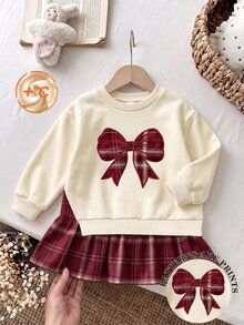 Gaun Anak Perempuan Usia 4-7 Tahun, Gaun Sweatshirt Leher Bulat dengan Hiasan Pita Lucu, Desain Hem Kotak-kotak, Gaya Manis, Gaya Preppy, Cocok untuk Pakaian Musim Gugur/Musim Dingin - MultiWarna - View 6