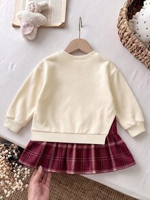 Gaun Anak Perempuan Usia 4-7 Tahun, Gaun Sweatshirt Leher Bulat dengan Hiasan Pita Lucu, Desain Hem Kotak-kotak, Gaya Manis, Gaya Preppy, Cocok untuk Pakaian Musim Gugur/Musim Dingin - MultiWarna - View 2