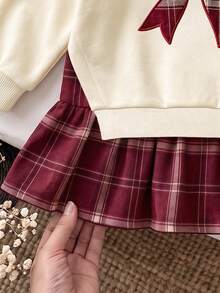 Gaun Anak Perempuan Usia 4-7 Tahun, Gaun Sweatshirt Leher Bulat dengan Hiasan Pita Lucu, Desain Hem Kotak-kotak, Gaya Manis, Gaya Preppy, Cocok untuk Pakaian Musim Gugur/Musim Dingin - MultiWarna - View 8