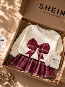 Gaun Anak Perempuan Usia 4-7 Tahun, Gaun Sweatshirt Leher Bulat dengan Hiasan Pita Lucu, Desain Hem Kotak-kotak, Gaya Manis, Gaya Preppy, Cocok untuk Pakaian Musim Gugur/Musim Dingin - MultiWarna - View 3