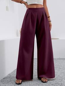 EMERY ROSE Women's Solid Color High Waist Pleated Pocket Wide Leg Loose Casual Pants - Burgundy - View 6