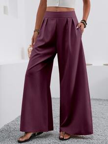 EMERY ROSE Women's Solid Color High Waist Pleated Pocket Wide Leg Loose Casual Pants - Burgundy - View 5