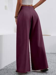 EMERY ROSE Women's Solid Color High Waist Pleated Pocket Wide Leg Loose Casual Pants - Burgundy - View 2