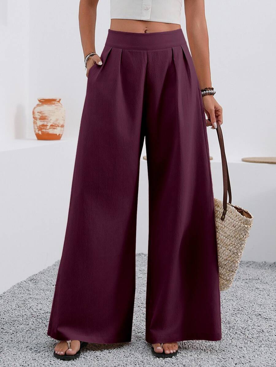 EMERY ROSE Women's Solid Color High Waist Pleated Pocket Wide Leg Loose Casual Pants - Burgundy - View 1