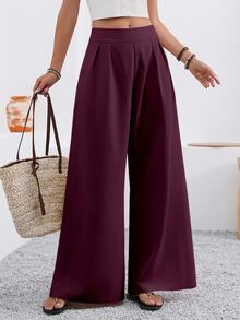 EMERY ROSE Women's Solid Color High Waist Pleated Pocket Wide Leg Loose Casual Pants - Burgundy - View 4