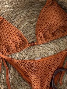 Swim Mod Conjunto de bikini de halter con textura y cuentas para mujer, primavera/verano - Marrón - Ver 4