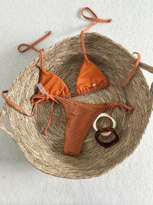 Swim Mod Conjunto de bikini de halter con textura y cuentas para mujer, primavera/verano - Marrón - Ver 2