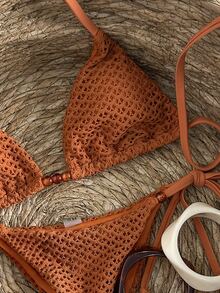 Swim Mod Conjunto de bikini de halter con textura y cuentas para mujer, primavera/verano - Marrón - Ver 6