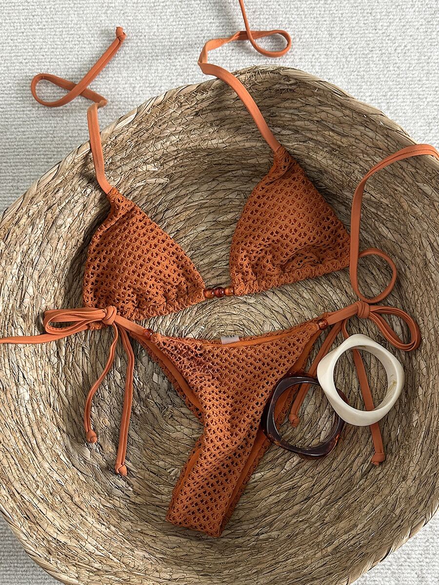 Swim Mod Conjunto de bikini de halter con textura y cuentas para mujer, primavera/verano - Marrón - Ver 1