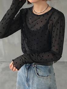 FRIFUL Women's Polka Dot Print Mesh Long Sleeve Casual Top - Black - View 4