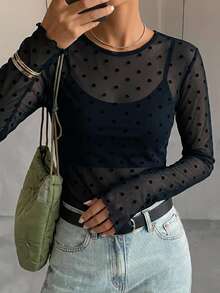 FRIFUL Women's Polka Dot Print Mesh Long Sleeve Casual Top - Black - View 8