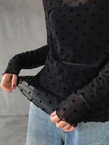 FRIFUL Women's Polka Dot Print Mesh Long Sleeve Casual Top - Black - View 6
