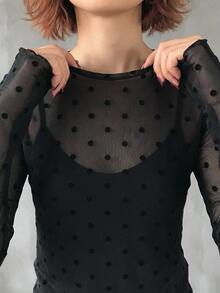 FRIFUL Women's Polka Dot Print Mesh Long Sleeve Casual Top - Black - View 2