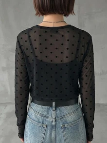 FRIFUL Women's Polka Dot Print Mesh Long Sleeve Casual Top - Black - View 10