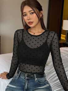 FRIFUL Women's Polka Dot Print Mesh Long Sleeve Casual Top - Black - View 9