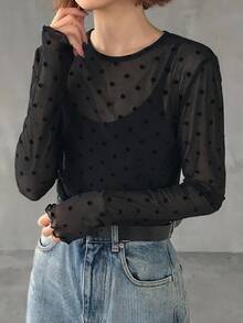 FRIFUL Women's Polka Dot Print Mesh Long Sleeve Casual Top - Black - View 11