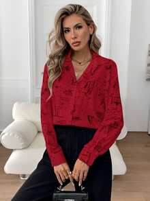 EMERY ROSE Women's Casual Commuter All-Over Print Long Sleeve Shirt, Christmas - Red - View 4