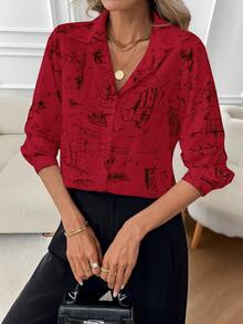 EMERY ROSE Women's Casual Commuter All-Over Print Long Sleeve Shirt, Christmas - Red - View 5