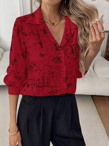 EMERY ROSE Women's Casual Commuter All-Over Print Long Sleeve Shirt, Christmas - Red - View 6