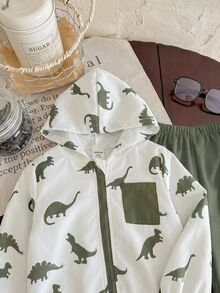 嬰兒男童女童春夏秋卡通恐龍圖案黑白對比連帽薄外套純色長褲2件套，適合戶外旅行與外出 - 彩色 - 查看 3