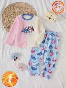 SHEIN 女童毛絨格紋長袖上衣長褲套裝 2件式仙女公主居家服 秋季睡衣 7歲生日嬰兒洗禮粉色 - 彩色 - 查看 2