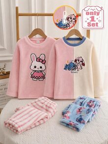 SHEIN 女童毛絨格紋長袖上衣長褲套裝 2件式仙女公主居家服 秋季睡衣 7歲生日嬰兒洗禮粉色 - 彩色 - 查看 1