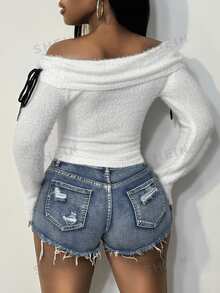 BamGleam Off Shoulder Fuzzy Knit Crop Sweater,Long Sleeve With Tie Details Slim Fit Sweet Versatile Sweater For Autumn Winter - White - View 2