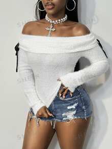 BamGleam Off Shoulder Fuzzy Knit Crop Sweater,Long Sleeve With Tie Details Slim Fit Sweet Versatile Sweater For Autumn Winter - White - View 8