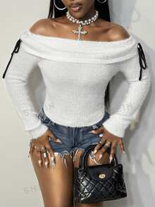 BamGleam Off Shoulder Fuzzy Knit Crop Sweater,Long Sleeve With Tie Details Slim Fit Sweet Versatile Sweater For Autumn Winter - White - View 3