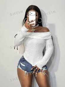 BamGleam Off Shoulder Fuzzy Knit Crop Sweater,Long Sleeve With Tie Details Slim Fit Sweet Versatile Sweater For Autumn Winter - White - View 6