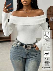 BamGleam Off Shoulder Fuzzy Knit Crop Sweater,Long Sleeve With Tie Details Slim Fit Sweet Versatile Sweater For Autumn Winter - White - View 1