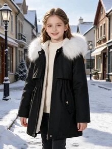 SHEIN Tween Girls Fleece Lined Parka Jacket Faux Fur Hooded Black Drawstring Waist Winter Warm Coat - Black - View 1