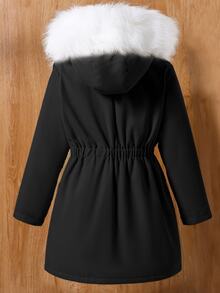 SHEIN Tween Girls Fleece Lined Parka Jacket Faux Fur Hooded Black Drawstring Waist Winter Warm Coat - Black - View 2