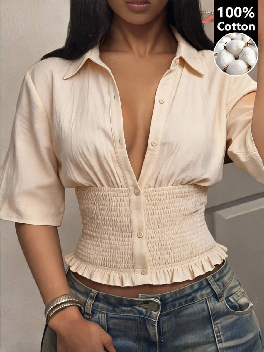 Radiana Women's Solid Color Short Sleeve Single-Breasted Waist Gathered Casual Shirt Brunch Apricot Summer - Khaki - View 1