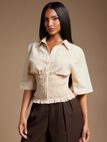 Radiana Women's Solid Color Short Sleeve Single-Breasted Waist Gathered Casual Shirt Brunch Apricot Summer - Khaki - View 3