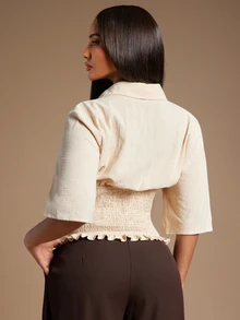 Radiana Women's Solid Color Short Sleeve Single-Breasted Waist Gathered Casual Shirt Brunch Apricot Summer - Khaki - View 4
