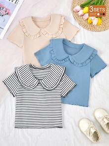 Genkimix Kids Young Girl Casual Collared Short Sleeve T-Shirt, Versatile For Daily Wear - Multicolor - View 1