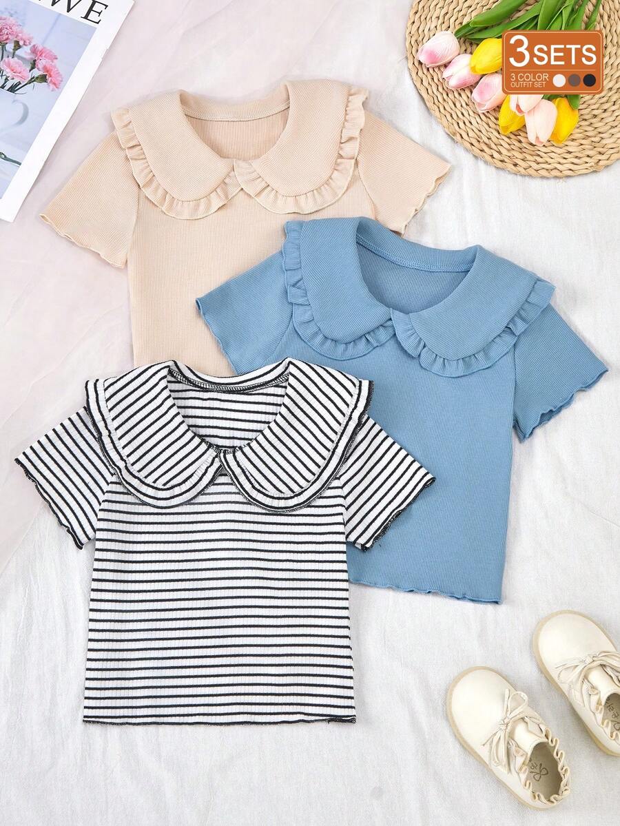 Genkimix Kids Young Girl Casual Collared Short Sleeve T-Shirt, Versatile For Daily Wear - Multicolor - View 1