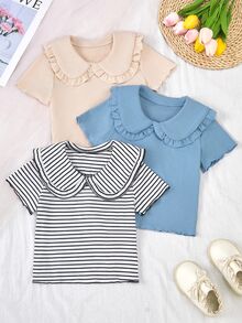 Genkimix Kids Young Girl Casual Collared Short Sleeve T-Shirt, Versatile For Daily Wear - Multicolor - View 3