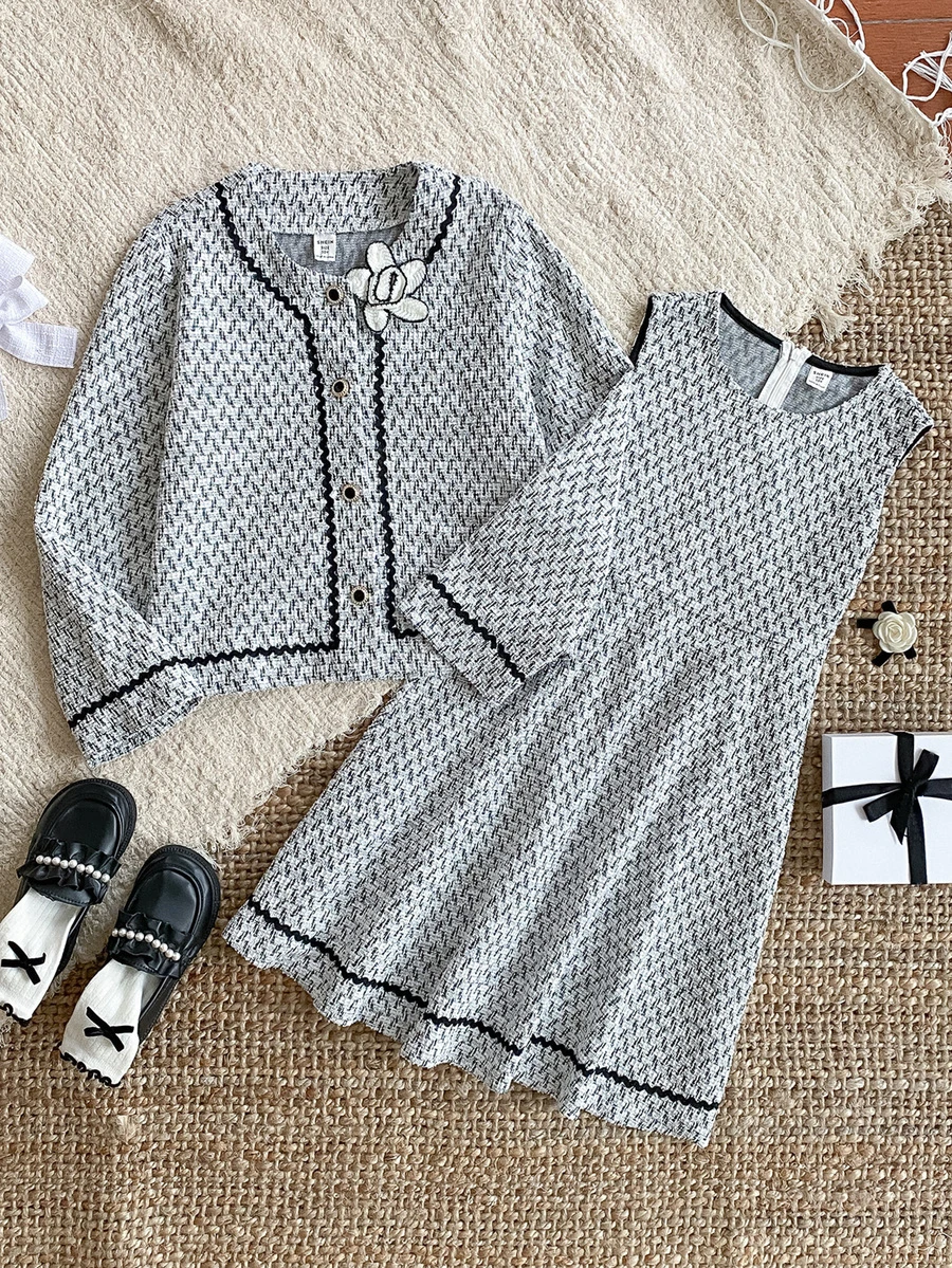 SHEIN 2pcs Tween Girls Elegant Black And White Tweed Dress And Jacket Set,Autumn School Style Outfit With 3D Floral Decor For Birthday,Party,Gatherings - Black and White - View 1