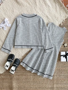 SHEIN 2pcs Tween Girls Elegant Black And White Tweed Dress And Jacket Set,Autumn School Style Outfit With 3D Floral Decor For Birthday,Party,Gatherings - Black and White - View 2