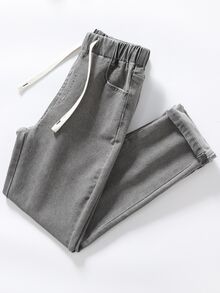 Young Boy Elastic Waist Adjustable Drawstring All-Match Casual Stretch Gray Denim Pants, School, Campus, College Summer Holiday Autumn Fall - Grey - View 3