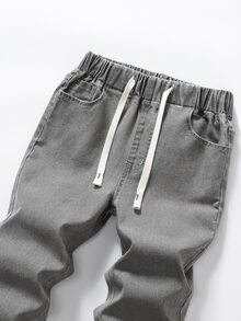 Young Boy Elastic Waist Adjustable Drawstring All-Match Casual Stretch Gray Denim Pants, School, Campus, College Summer Holiday Autumn Fall - Grey - View 4