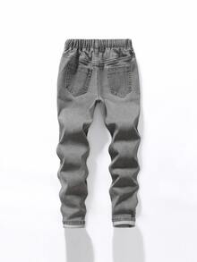 Young Boy Elastic Waist Adjustable Drawstring All-Match Casual Stretch Gray Denim Pants, School, Campus, College Summer Holiday Autumn Fall - Grey - View 2