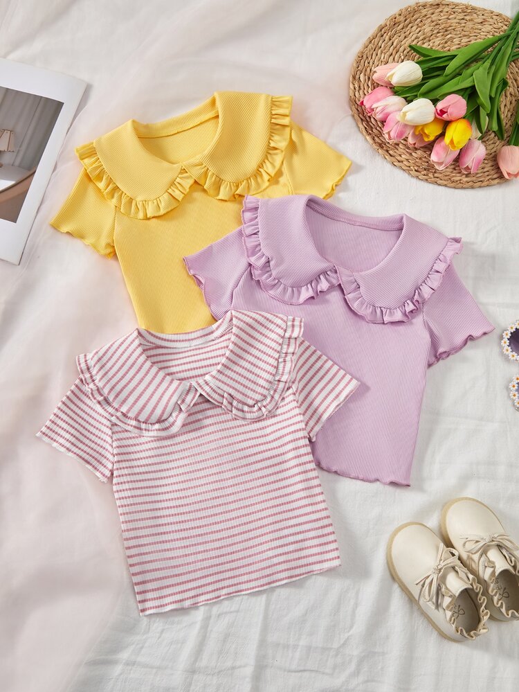 Elladie kids Young Girls Cute Peter Pan Collar Short Sleeve T-Shirt - Multicolor - View 3
