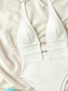 SHEIN Swim Springbreak 女款黃色羅紋針織提花鏤空深背V領掛脖高衩連身泳衣，性感休閒海灘度假、泳池派對、溫泉、沙灘穿搭、節慶波希米亞風 - 白色 - 查看 4