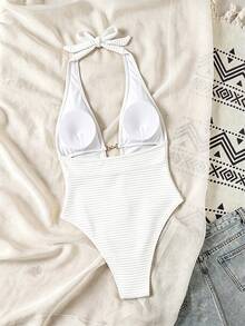 SHEIN Swim Springbreak 女款黃色羅紋針織提花鏤空深背V領掛脖高衩連身泳衣，性感休閒海灘度假、泳池派對、溫泉、沙灘穿搭、節慶波希米亞風 - 白色 - 查看 2