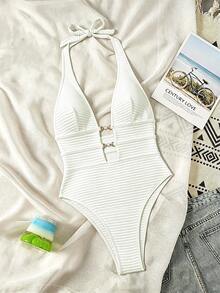 SHEIN Swim Springbreak 女款黃色羅紋針織提花鏤空深背V領掛脖高衩連身泳衣，性感休閒海灘度假、泳池派對、溫泉、沙灘穿搭、節慶波希米亞風 - 白色 - 查看 5