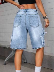 SHEIN ICON Embroidered Star Washed Low-Waist Women Denim Shorts - Light Wash - View 4